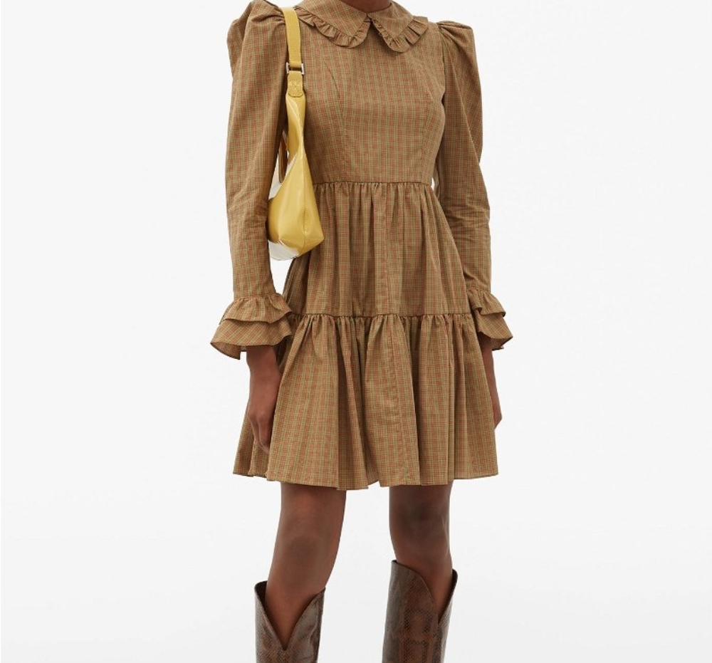Batsheva Brown Green Gingham Lucy Tiered Collared Dress